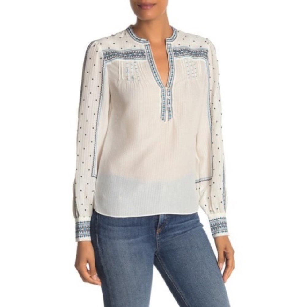 Veronica Beard Carta Embroidered Silk Blouse White/Blue Size 8 NWT